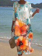 abordables Robe Fleurie-Femmes Robe Midi Robe Décontractée Robe Imprimée Mode Moderne Quotidien Plage Week-end Coupe régulière Fleuri Manche 3/4 Col ras du cou Blanche Jaune Bleu Roi Kaki Été Printemps Automne
