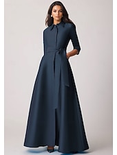 economico Vestiti da sera-Abito da sera a trapezio abito elegante matrimonio formale da ospite lunghezza a terra manica a metà collo a revers tasca chiffon satin con fiocco/i tasca a spalline