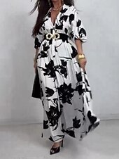 voordelige Casual bloemenjurken-Dames Halflange jurk Jurk met print Modieus Modern Buiten Vakantie Feestdagen Normale pasvorm Bloem 3/4 mouw V-hals Zwart en Wit Herfst