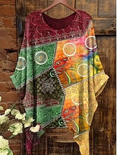 billige Kvinne Boho Topper-Dame Bluse Grafisk Geometrisk Elegant Bohem Årgang Kortermet Flaggermusermer Crew-hals Vanlige topper Daglig Ferie Strand Klær Trykt mønster Grønn Og Blå Gul Rosa Lysebrun Blå Sommer Vår