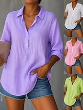 preiswerte Hemden-Damen Weiße Baumwollbluse Einfarbig Basic Lässig Langarm Hemdkragen Normale Oberteile Täglich Knöpfe Weiß Rosa Purpur Grün Sommer