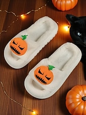 olcso Nőknek-női fehér, bolyhos halloweeni tökcipő – puha beltéri cipő vicces rajzfilmfigurás dizájnnal őszi és ünnepi otthoni viseletre
