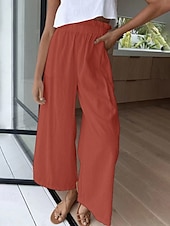 baratos perna larga e cintura alta-Mulheres Perna larga Calças Roupa de rua Casual Comprimento total Natural Tecido Cintura elástica Confortável Feriado Roupa Diária Final de semana clarete Ferrugem Azul marinho Branco Outono Normal