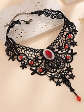 economico Collana da donna-Collana girocollo in pizzo gotico da donna - stile vittoriano vintage nero con pietre preziose rosse e dettagli in perline, elegante gioiello per feste gotiche ed eventi cosplay
