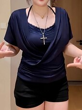 levne Krajkové topy-Dámské Krajková košile Pevná barva stylové Moderní Krátký rukáv Krk ohlávky Běžné topy Denní Dovolená Krajka Slátanina Černá Námořnická modř Fialová Léto