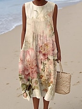 billiga Bohemklänningar-Dam Midiklänning Solklänning Skiftklänning A linjeklänning Semester Ledigt Boho Utekväll Strand Lös passning Blommig Grafisk Ärmlös Rund halsringning Rodnande Rosa Purpur Grön Naturvit Sommar Vår