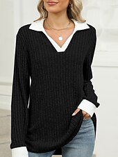 voordelige Dames eenvoudige tops-Dames Overhemd Effen Kleur Stijlvol Casual Lange mouw V-hals Normale tops Dagelijks Lapwerk Zwart Rood blauw Fuchsia Lente Herfst