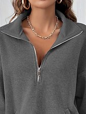 baratos Tops Simples-Mulheres Moletom Tecido Casual Manga Longa Gola Alta Tops regulares Rua Dia a Dia Patchwork Zíper Preto Fúcsia Cinzento Escuro Bege Cinzento Outono Inverno