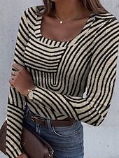 ieftine tricou Art &amp; Design-Tricou pentru femei cu mânecă lungă grafic cu manșete guler pătrat tunică lungă casual geometric clasic topuri regulate print zilnic alb albastru khaki curcubeu primăvară toamnă pre-toamnă