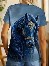 abordables T-shirt Animaux-Femmes T-shirt Graphique Animal Cheval ancien Mode Élégant Manche Courte Col ras du cou Col rond Hauts Réguliers Quotidien Week-end Imprimé Marron clair Bleu Bleu Poudré Été Printemps
