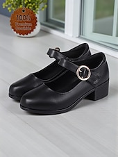 levne Block Heels-Dámské Podpatky Bílé boty Kancelář Práce Přezky Blokovat patu Oblá špička Pohodlné Chůze Kůže Spona Černá Béžová