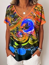 billige Kunst &amp; Design t-skjorte-Halloween Dame T skjorte Grafisk Abstrakt Årgang Fritid Kortermet V-hals Vanlige topper Daglig Helg Ferieklær Trykt mønster Blå Oransje Grønn Sommer Høst