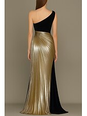 baratos Vestidos de Noite-Vestido de noite elegante com coluna em ouro preto, vestido formal para convidados de casamento, comprimento até o chão, sem mangas, um ombro só, vestido de mãe da noiva em cetim com pregas de strass