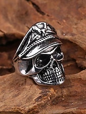 olcso Halloween kiegészítők-Férfi koponyagyűrű tiszti kalappal és sas emblémával – állítható ötvözet halloweeni punk ékszer motoros és gótikus stílushoz