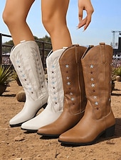 cheap Cowboy &amp; Western Boots-Women&#039;s Brown Western Cowboy Boots with Star Embroidery - Comfortable Block Heel Ankle Boots for Country Music Festivals, Outdoor Events, and Everyday Wear