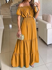 preiswerte abendkleider-Damen Langes Kleid Maxikleid Cocktailkleid Kleid für Hochzeitsgäste Chiffon Schwingkleid Mode Modern Outdoor Urlaub Täglich Normale Passform Einfach Kurzarm Schulterfrei Gelb Blau Fuchsie Grün Sommer