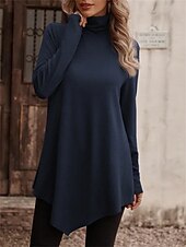 billige Plain t-skjorte-Kvinne T-skjorte Langermet Rund Hals Langermet Tunika Grafisk Enkel Stilig Klassisk Casuel Langermet Rullekrage Topper Fest Kveldsantrekk Daglig Utgående Asymmetrisk Svart Hvit Rosa Blå Høst Vinter