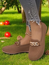 abordables Chaussures sans lacet et mocassins femme-Mocassins Flyknit orange à bout large pour femme – chaussures plates décontractées, confortables et respirantes avec chaîne en métal, idéales pour le shopping, le travail et les promenades dans le jardin