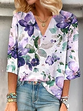 preiswerte Blumenoberteile-Damenbluse Button-Down Floral Grafik Elegant Stylisch Basic 3/4-Langarm V-Ausschnitt Reguläre Oberteile Täglich Urlaub Ausgehen Druck Weinrot Lila Grün Sommer Frühling
