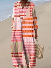 preiswerte Streifen- und geometrische Kleider-Damen Midikleid Freizeitkleid Sommerkleid A Linie Kleid Urlaub Lässig Boho Party Strand Lässiger Schnitt Grafik Geometrisch Langarm V Ausschnitt Schwarz Gelb Rosa Rote Sommer Frühling Herbst