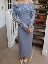 abordables Vestidos de cóctel-Vestidos Cóctel Azul Corte  Columna Capa Desmontable Crepé Elástico Vestido Elegante Formal Boda Largo de Té Sin Mangas Fuera de los Hombros con Encaje de Perlas Florales