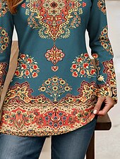ieftine tricou boho-Pentru femei Tricou Grafic Geometric Imprimeu Paisley Epocă Stilat Clasic Manșon Lung În V Topuri obișnuite Zilnic Eliminat Imprimeu Albastru Prăfuit Primăvară Toamnă