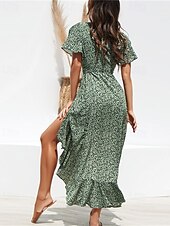 abordables Robes fleuries élégantes-Femmes Robe Midi Robe Décontractée Robe en Chiffon Robe d&#039;été Mode Extérieur Soirée Fête Coupe régulière À pois Manche Courte Col en V Blanche Jaune Rouge Vert Été Printemps