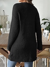 billige Cardigans og yttertøy-Dame Genser Kofte Mote Gatemote Daglig Helfarge Riflet Åpen Forside Lomme Strikket Langermet Lange topper Strikke Ferie Ut på byen Helg Svart Hvit Høst Vinter