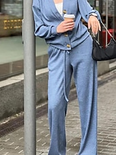 voordelige Blousepakken voor dames-Dames Actief Streetwear Blouse Broeken Sets Lange mouw V-hals Effen Kleur Vakantie Alledaagse kleding Zwart Leger Groen Stoffig blauw Herfst Normale pasvorm