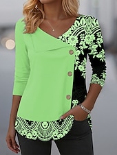 preiswerte Boho-T-Shirt-Damen T Shirt Grafik Stammes Elegant Mode Lässig Langarm Rundhalsausschnitt V Ausschnitt Normale Oberteile Täglich Patchwork Knöpfe Druck Schwarz Rosa Blau Purpur Grün Frühling Herbst Winter