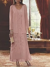 billiga Med jacka-Strandbröllop tvådelad kroppsnära brudmods klänning bröllopsgäst elegant glittra  glänsa V-hals ankel längd chiffon pälssmyckad lång ärm med paljetter skräddarsydd storlek