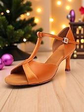 economico Scarpe per balli latini-Scarpe da ballo latino da donna - eleganti tacchi a spillo con cinturino a T in raso e fibbia regolabile, comode calzature da ballo da sala e salsa per balli professionali e sociali