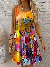 preiswerte Streifen- und geometrische Kleider-Damen Minikleid Sommerkleid A Linie Kleid Schulterfreies Kleid Urlaub Lässig Boho Ferien Strand Normale Passform Herz Grafik Ärmellos Rundhalsausschnitt Gelb Rote Blau Purpur Sommer Frühling