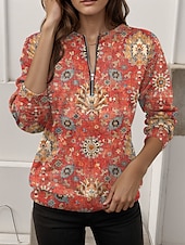 cheap Boho Tops-Women&#039;s Pullover Sweatshirt Zip Up Sweatshirts Graphic Geometric Casual Long Sleeve Crew Neck Regular Tops Street Dailywear Zipper Print Yellow Red Blue Orange Fall Winter