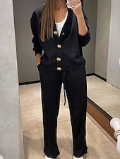 voordelige Blousepakken voor dames-Dames Actief Streetwear Blouse Broeken Sets Lange mouw V-hals Effen Kleur Vakantie Alledaagse kleding Zwart Leger Groen Stoffig blauw Herfst Normale pasvorm