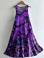 preiswerte Lässige Blumenkleider-Damen Maxikleid Sommerkleid A Linie Kleid Unterkleid Faltenkleid Urlaub Lässig Boho Party Ausgehen Strand Normale Passform Blumen Grafik Libelle Ärmellos U-Ausschnitt Dunkelviolett Violett Purpur