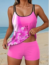 billiga Tankinis-Dam Badkläder Tankini 2 st Hög midja Baddräkt Öppen rygg Semester Standkläder Nyans Blommig U-hals Ärmlös Baddräkter