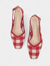 cheap Block Heels-Women&#039;s Red Gingham Slingback Block Heel Pumps - Retro Style Knit Dress Shoes for Comfortable Walking, Casual Picnic, Summer Parties, and Daily Office Wear