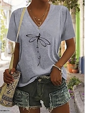billige Dyrene tee-Dame T skjorte Grafisk Dyr Dragonfly Årgang Stilfull Klassisk Kortermet V-hals Vanlige topper Daglig Ut på byen Helg Trykt mønster Svart Rosa Rød Blå Grå Sommer Vår