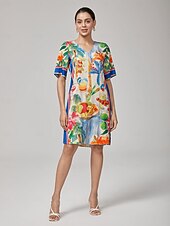 preiswerte Blumenkleider-Minikleid mit geradem V-Ausschnitt und Fruchtblumenmuster