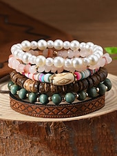 economico Bracciale da donna-Set di braccialetti con ciondoli a strati con perline boho da donna: bracciali in legno, turchese e pelle scamosciata in stile vintage con ciondoli a forma di foglia e geometrici, ideali per abbigliamento casual, festival e vacanze al mare