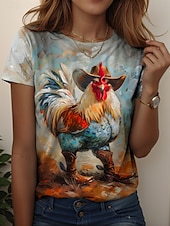 billige Dyrene tee-Dame T skjorte Grafisk Dyr Hane Årgang Stilfull Fritid Kortermet Crew-hals Vanlige topper Daglig Helg Trykt mønster Gul Blå Dusty Blue Sommer Vår