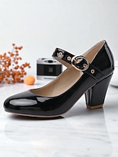 お買い得  Block Heels-カジュアルなデートに最適な、バックルストラップ付きのレディース用ホワイトパテントレザーブロックヒールメリージェーンシューズ