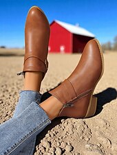abordables Botines-Botines marrones de piel sintética para mujer: botines de tacón bajo con hebilla y cremallera lateral para salidas de otoño, paseos por el campo y uso diario.