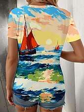 billige Kunst &amp; Design t-skjorte-Dame T skjorte Nyanse Grafisk Årgang Stilfull Klassisk Kortermet Crew-hals Vanlige topper Daglig Helg Trykt mønster Gul Blå Lilla Sommer Vår