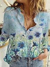 billige Blomstrete topper-Dame Skjorte Blomstret Grafisk Årgang Daglig Fritid Langermet Skjortekrage Vanlige topper Arbeid Daglig Ferie Knapper Trykt mønster Svart Blå Lilla Sommer Vår Høst