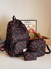 economico Zaini per Università-Set di 3 zaini scolastici per ragazze adolescenti: zaino in tela leggero con stampa di un grazioso fiocco rosa, borsa a tracolla di grande capacità e astuccio per matite, perfetto per la scuola, i viaggi e l&#039;uso quotidiano.