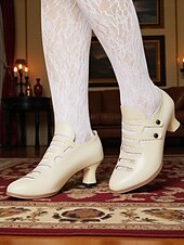 abordables années 1930-Femmes Chaussures à Talons Rétro Soirée Travail Quotidien Bouton Talon Cône Bout Rond Élégant ancien Marche PU Mocassin Noir Rouge Rouge Bordeaux