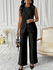 billiga breda ben och hög midja-Dam Elegant Mode Byxuppsättningar Bolero Top Ärmlös Rund hals Ensfärgat Semester Ledigt / vardag Svart Vit Rubinrött Sommar Normal