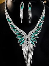 economico Collana da donna-Set di gioielli di lusso in cristallo da donna: collana placcata in argento e orecchini pendenti con accenti di pietre preziose verdi, eleganti accessori per cocktail e feste serali